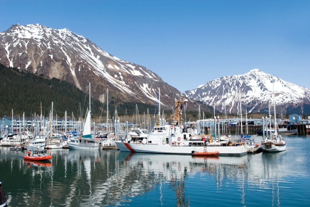 Boats in Alaska Seward with mountain as backdrop