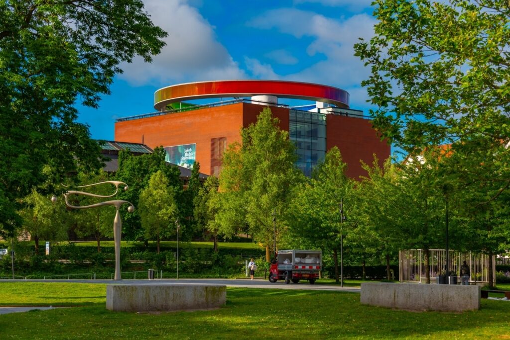 Red facade of ARoS Aarhus Art Museum in Aarhus, Denmark