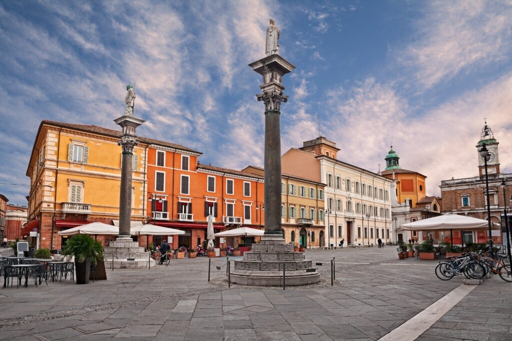 Street view of Piazza del Popolo in Ravenna, Italy