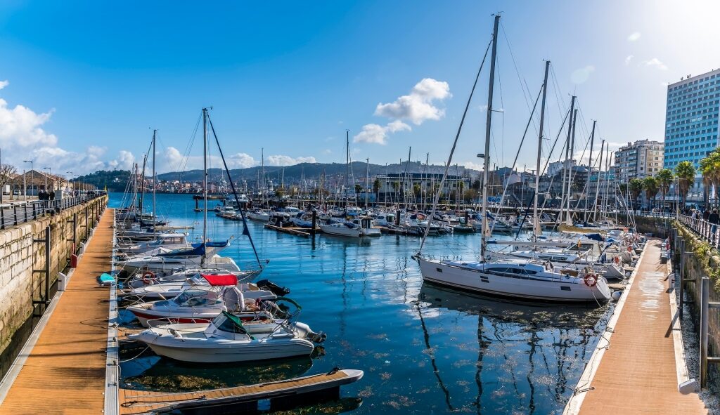 Boats lined up on Vigo, Spain