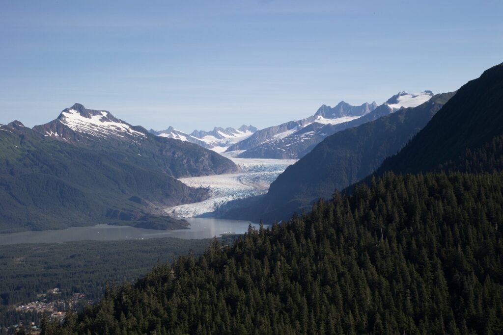 Aerial view of Mendenhall Lake with glacier