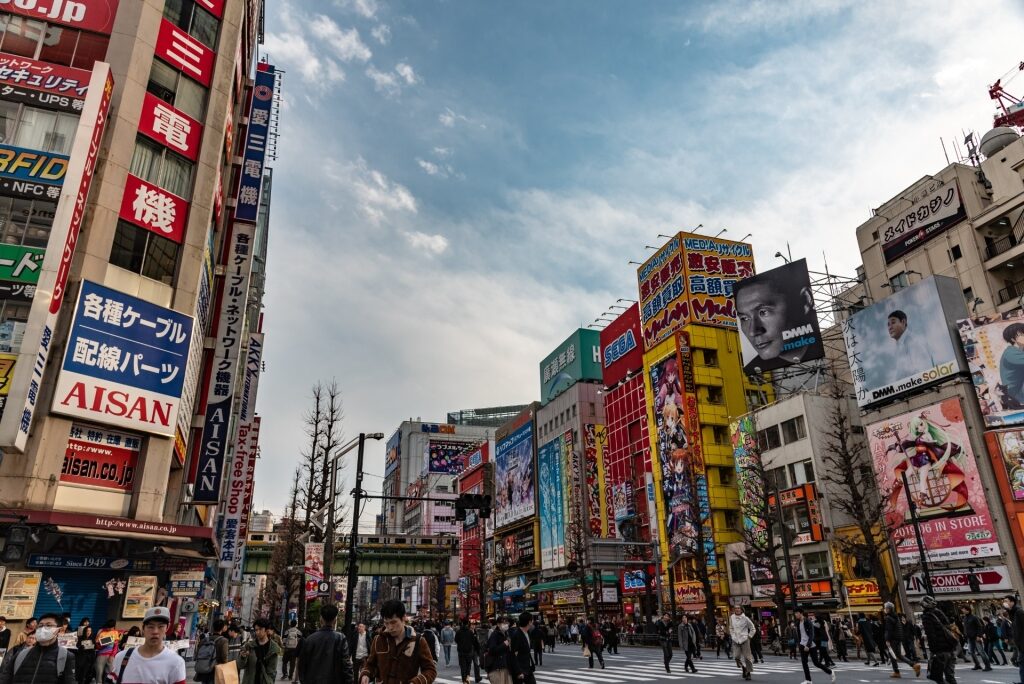 Street view of busy Akihabara in Tokyo, Japan