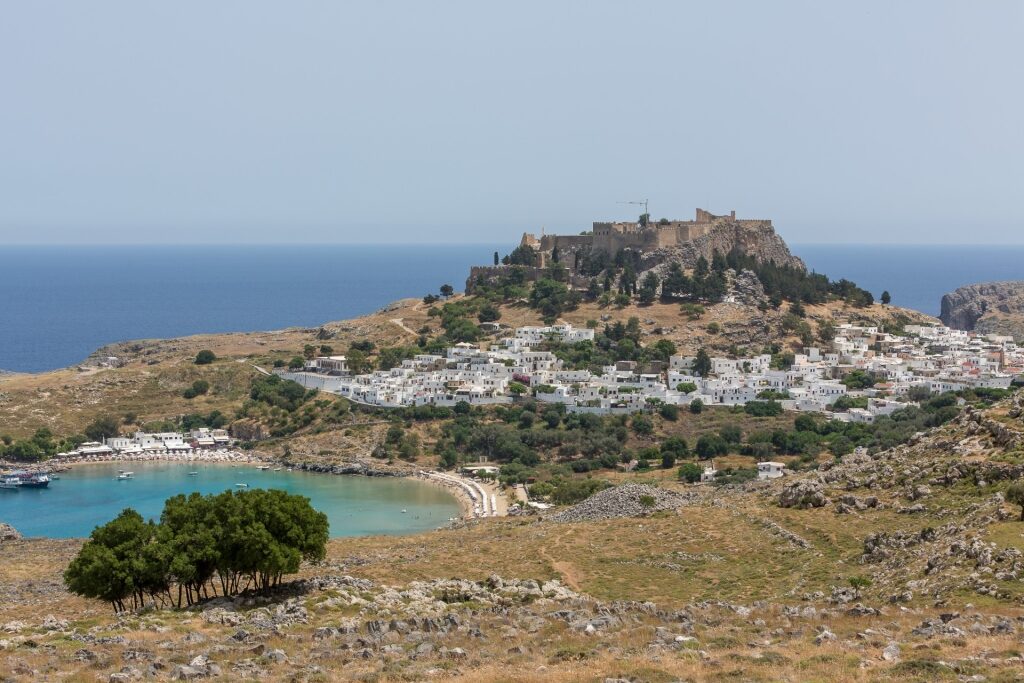 Scenic landscape of Acropolis of Lindos in Rhodes, Greece