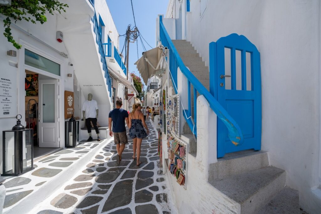 Cobbled street of Mykonos Town, Greece