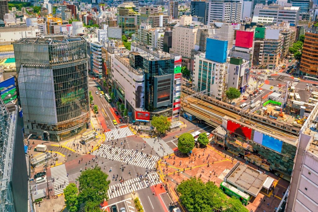 Aerial view of the bustling Shibuya Crossing in Tokyo, Japan