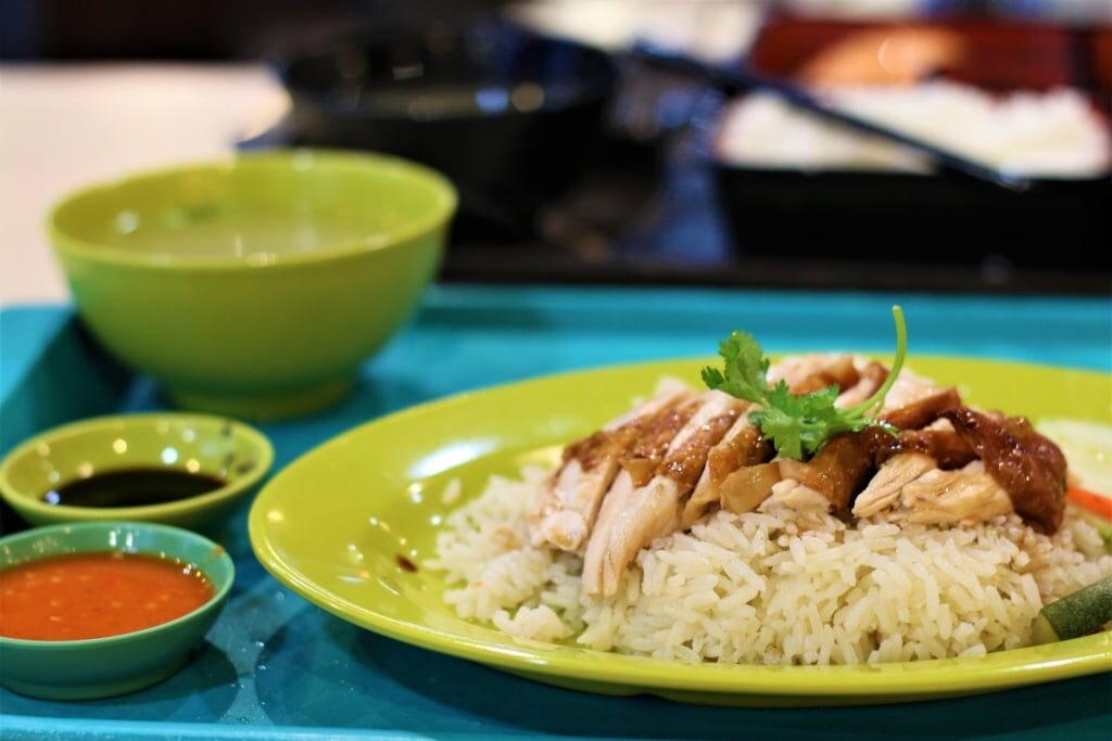 Singapore chicken rice on a plate