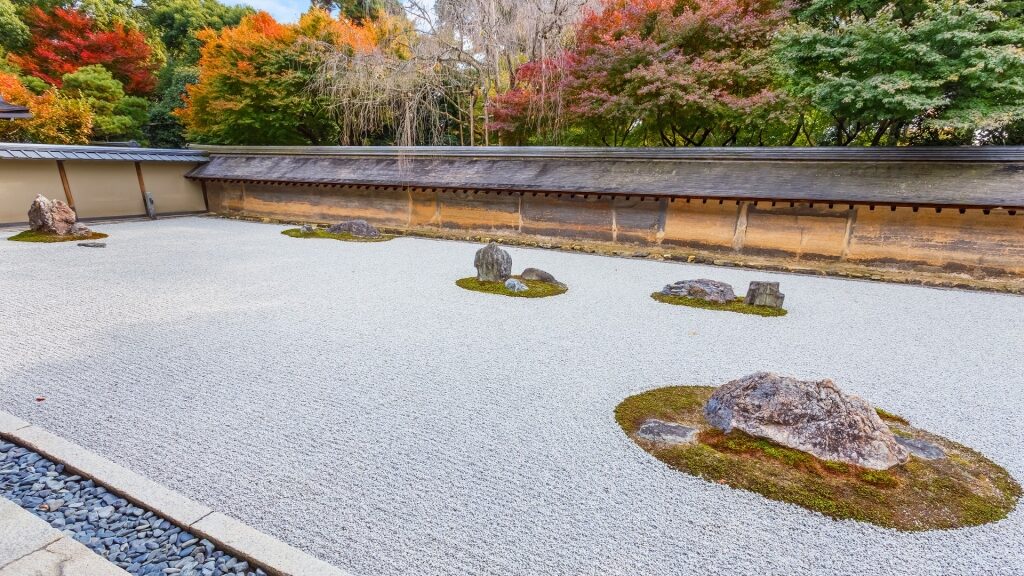 View of the rock garden in Ryoan-ji temple