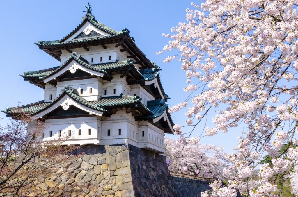 Scenic landscape of Hirosaki Castle, Aomori with cherry blossoms