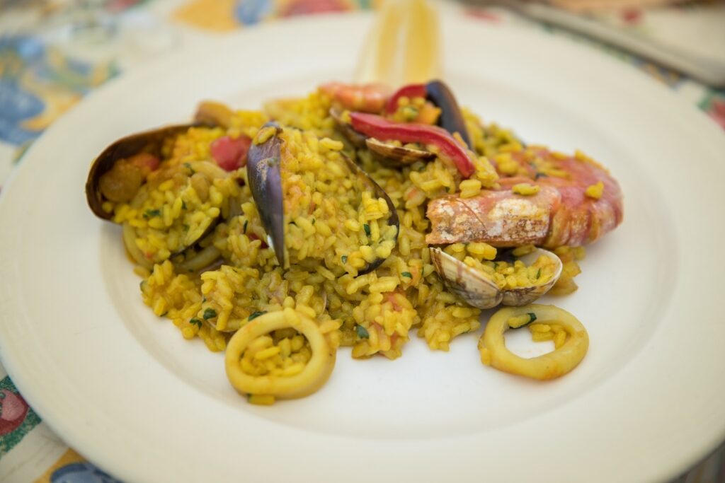 Plate of seafood paella