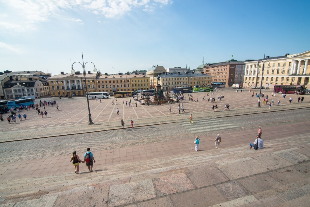 People strolling around Senate Square, Helsinki