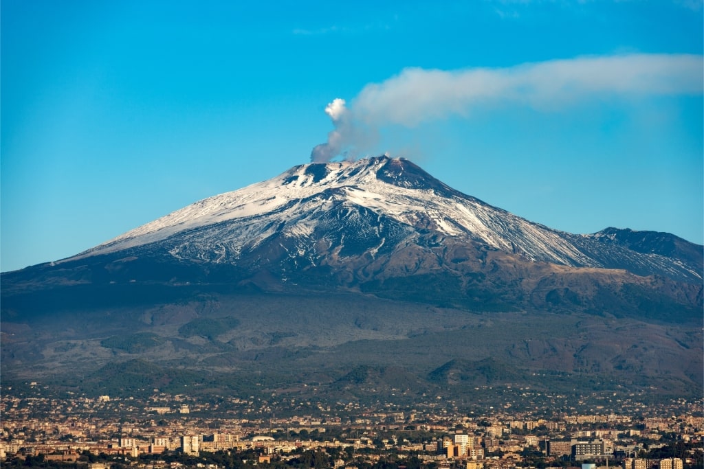 Snowy peak of Mount Etna in Sicily, Italy