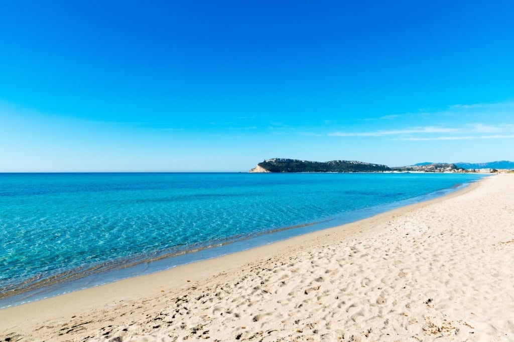 White sand of Poetto Beach in Sardinia, Italy