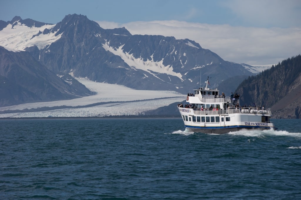 Boat cruising in Kenai Fjords National Park