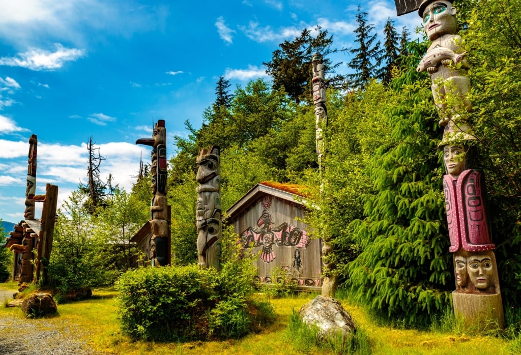 Colorful totem poles in Totem Bight State Historical Park