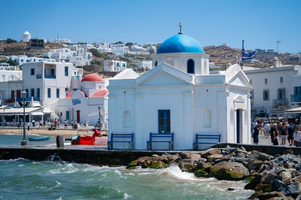 Iconic blue and white facade of Agios Nikolakis Church