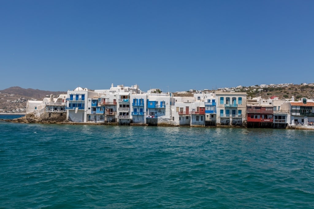 Waterfront view of Little Venice in Old Town Mykonos