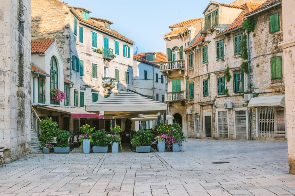 Street view of the Fruit Square in Old Town Split