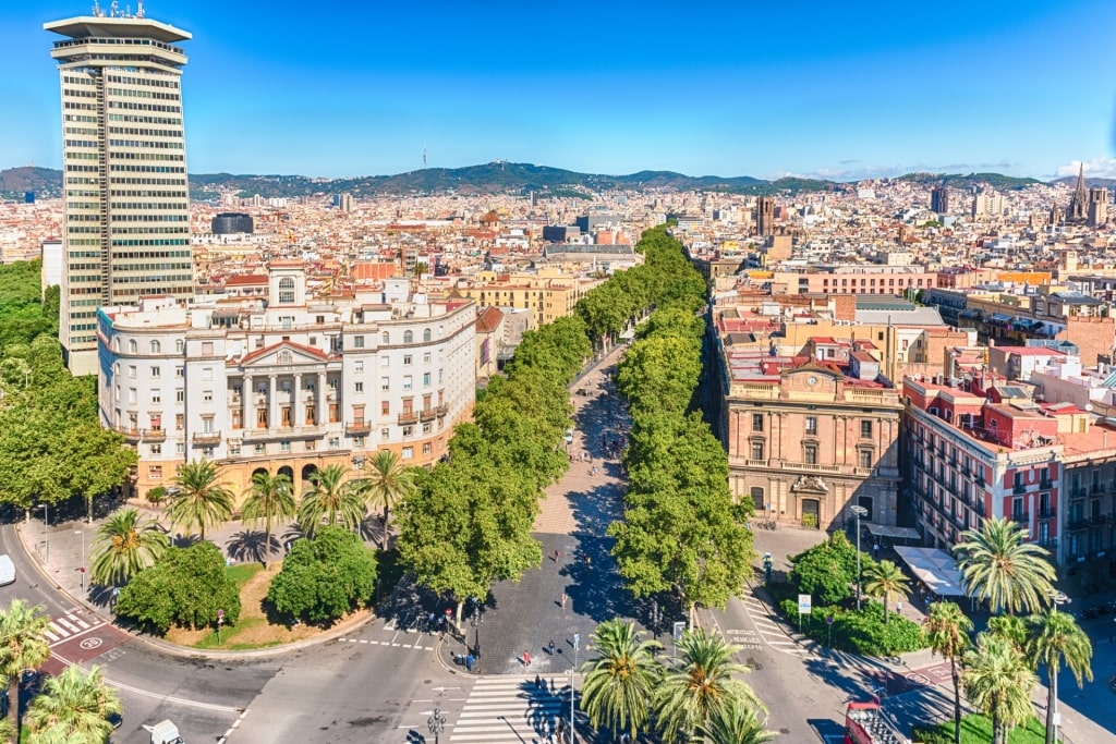 Aerial view of Las Ramblas in Barcelona, Spain