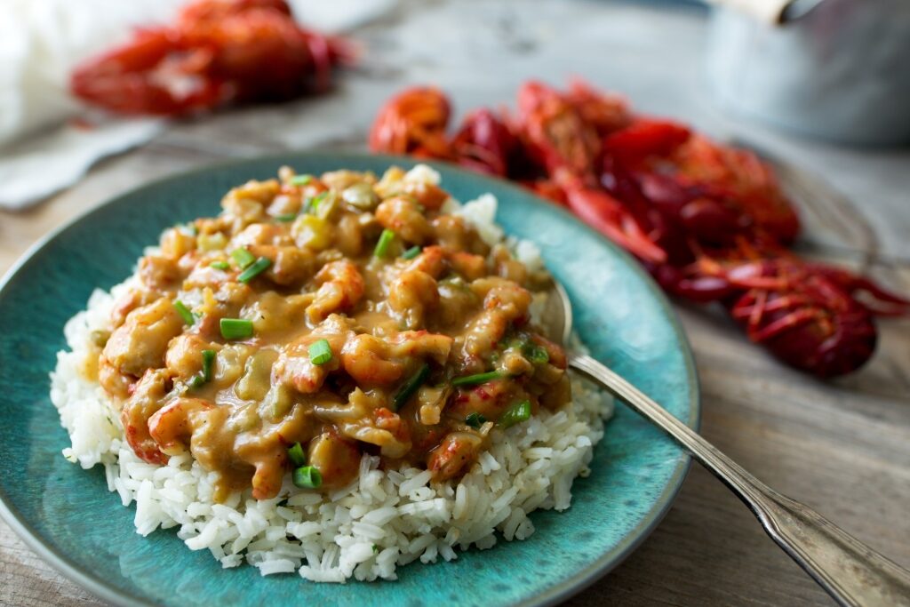 Crawfish with rice on a plate