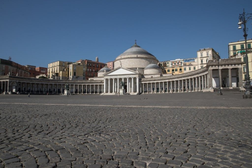 Street view of Piazza del Plebiscito in Naples, Italy