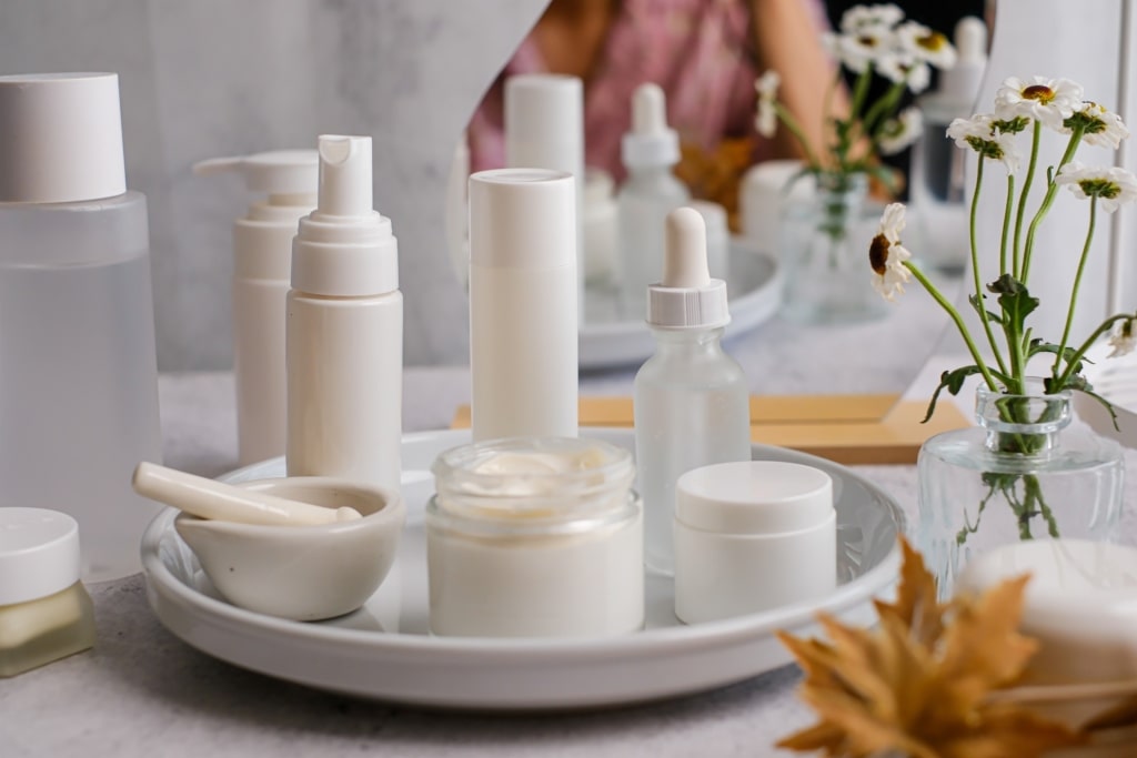 Skincare products on a table