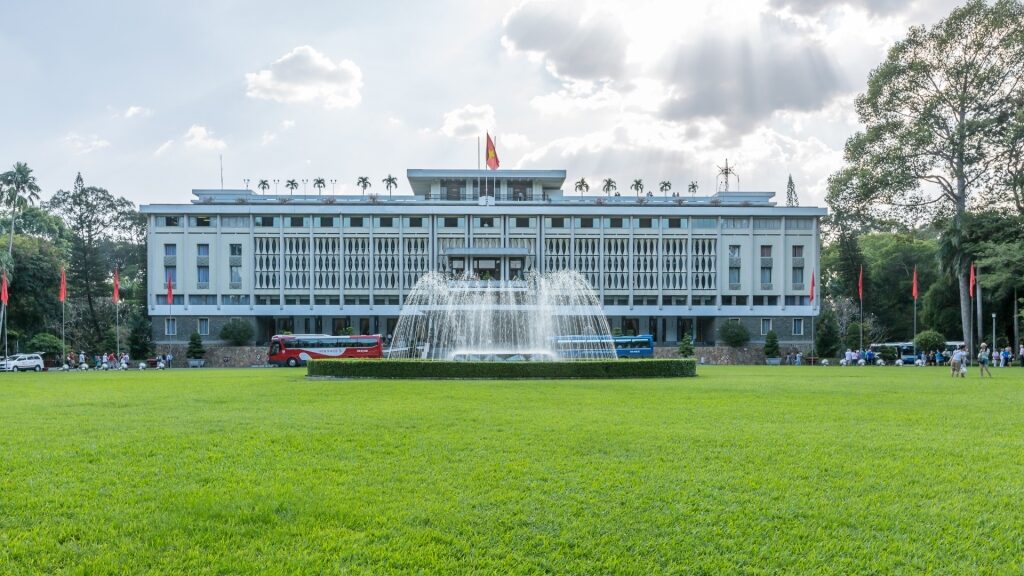 White facade of Reunification Palace in Ho Chi Minh City, Vietnam