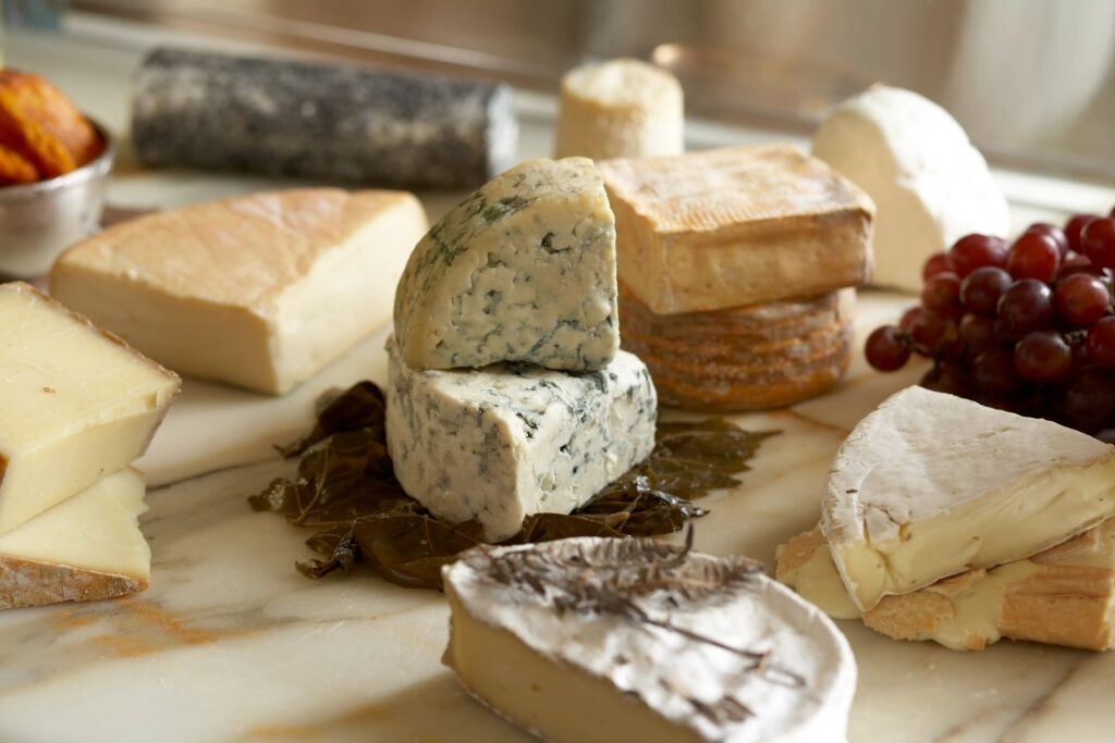 Different types of cheese on a table