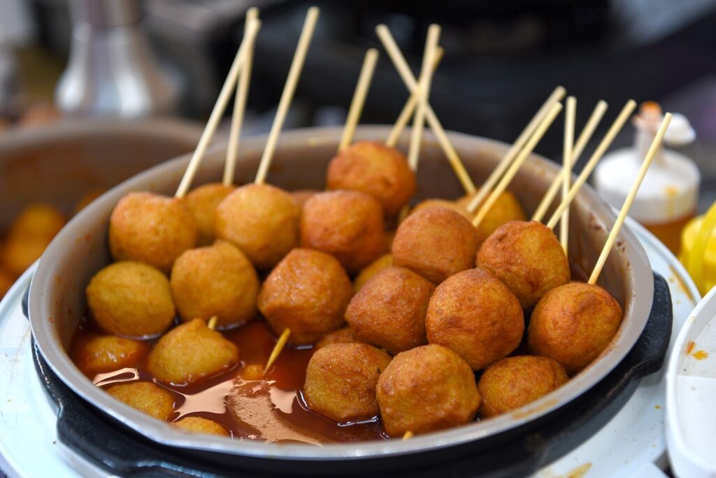 Tasty curry fish balls in a bowl