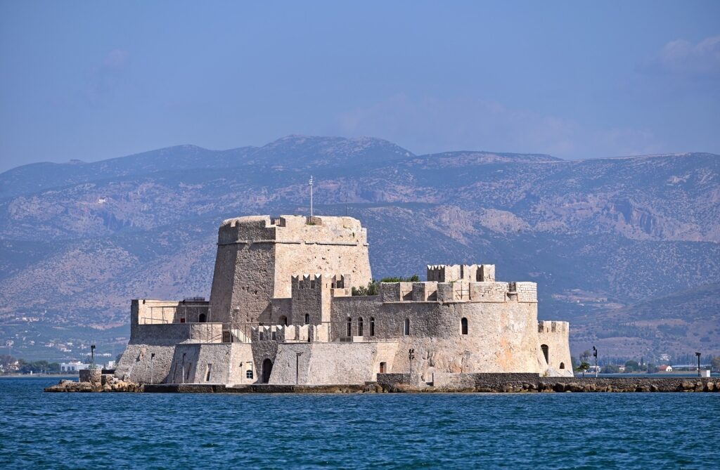 View of Bourtzi Sea Castle from the water