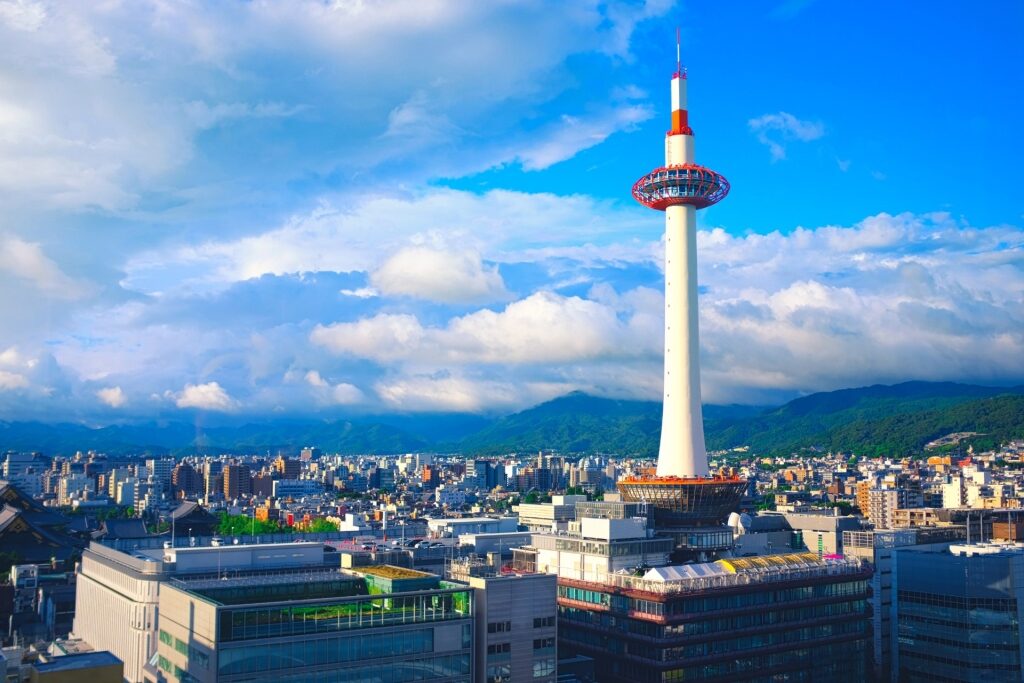 Iconic white and red facade of Kyoto Tower