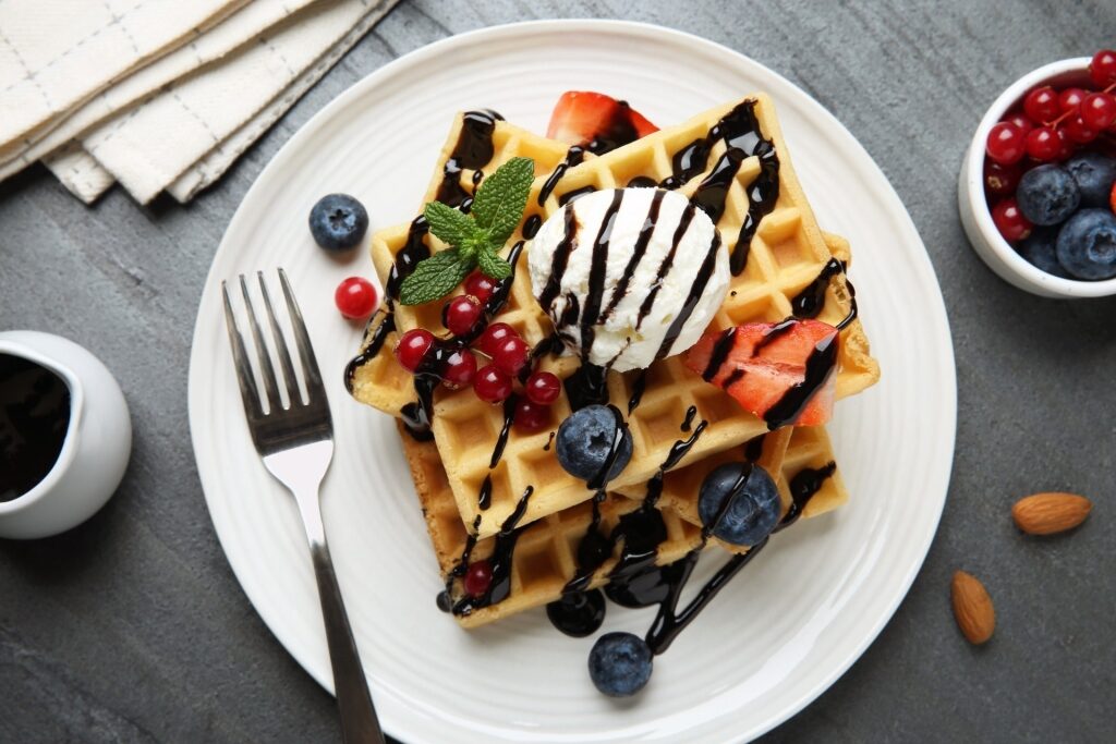 Decadent Belgian waffles on a plate