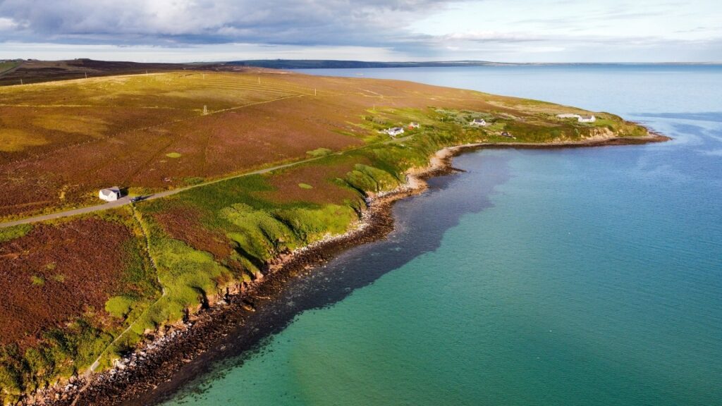 Aerial view of Waulkmill Bay, Orkney Islands