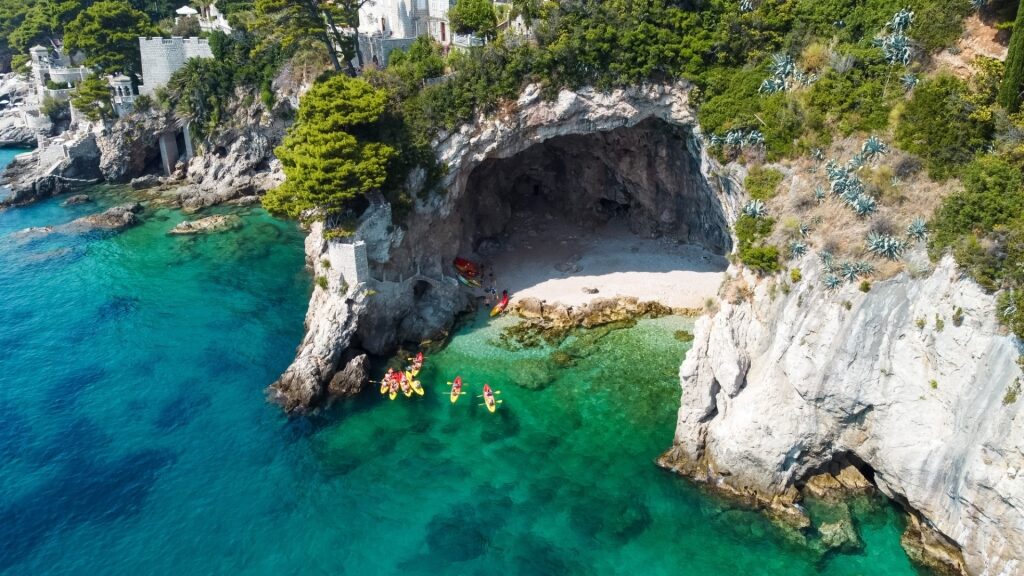 Aerial view of hidden Betina Cave Beach, Dubrovnik