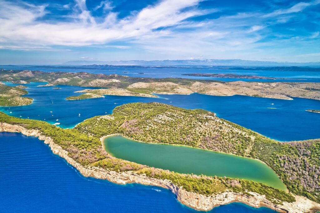 Aerial view of Uvala Mir Shoreline, Dugi Otok Island