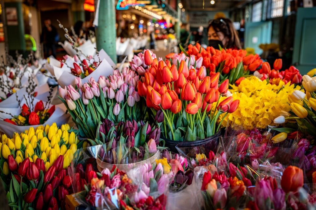 Flowers inside Pike Place Market