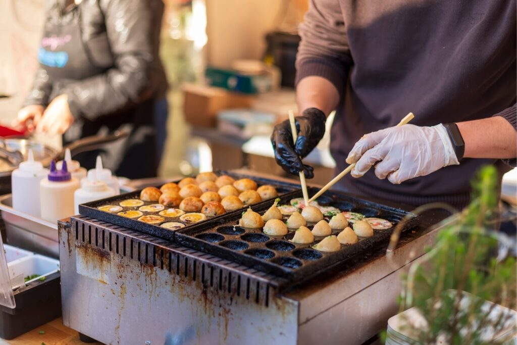 Street food stall selling takoyaki