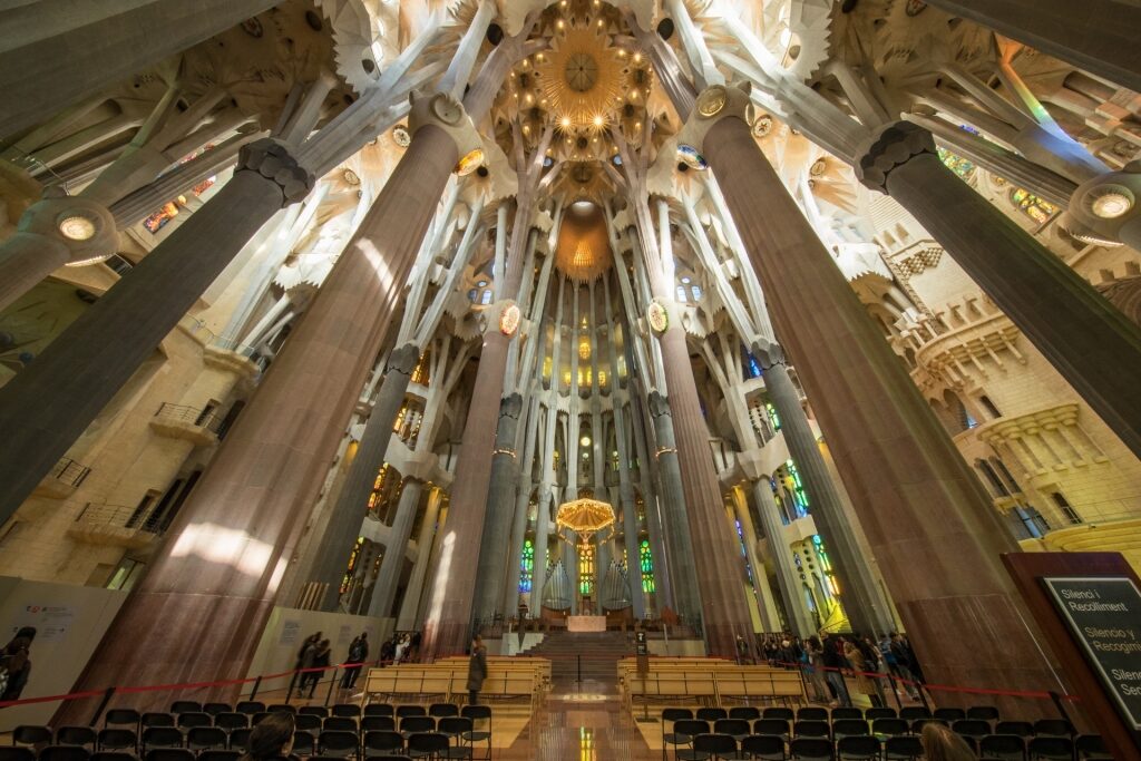 Unique interior of Sagrada Família in Barcelona, Spain