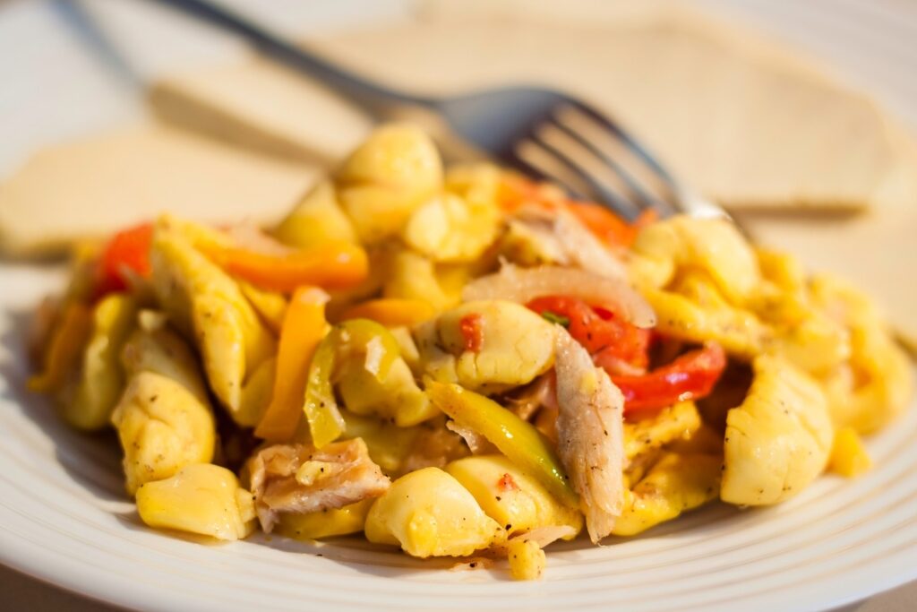 Codfish and ackee on a plate