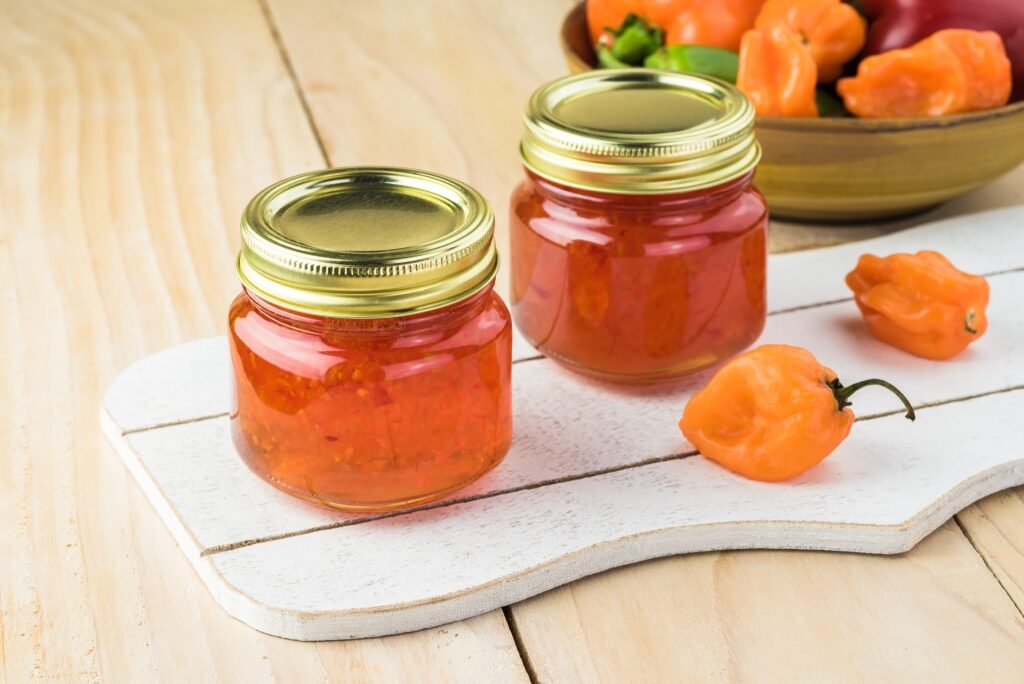 Jars of homemade pepper jelly