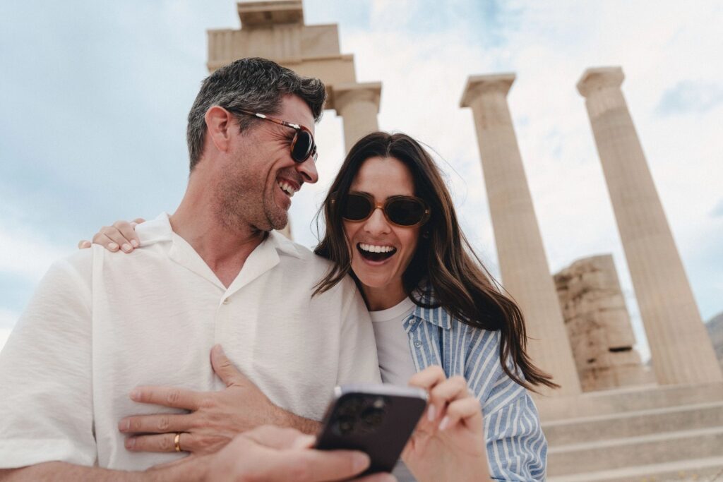 Couple exploring a historic site in Rhodes